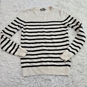 SET Fashion Striped Wool Cashmere Blend Crew Neck Sweater Ivory Black Sz M